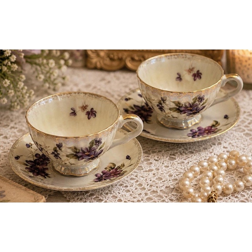 Vintage Japan Tea Cup Saucer Set Lusterware Floral Violet Gold Trim White Purple